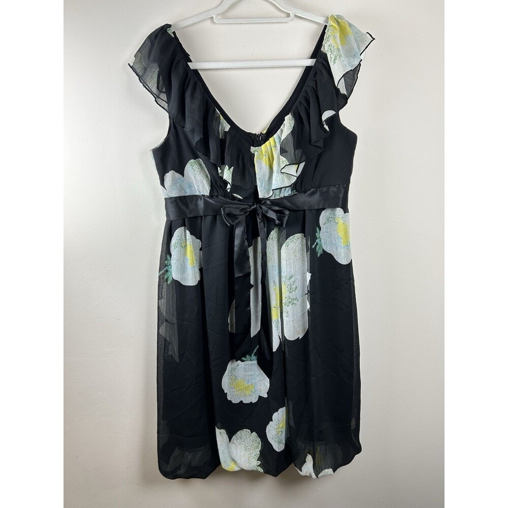 I.N Studio Floral Chiffon Dress Sz 14 Short Ruffle V-Neck Satin Bow Tie Cocktail